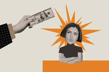 Poster image collage of minded woman receiving hundreds dollars isolated on painted background