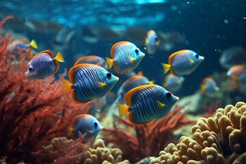 Naklejka na ściany i meble Tropische Fische und Korallen im sonnigen Meer - KI generiert