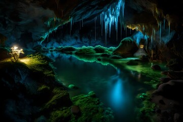 A tranquil, hidden cave with an underground river, illuminated by the soft glow of bioluminescent fungi and crystals. --