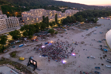 Aerial View of The Quarantine Film Festival, Asparuhovo Beach, Varna, Bulgaria at Night.