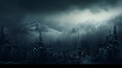 Misty mountain landscape in the night - Snowy Mountains, Icy Fog, and the Chill of Winter