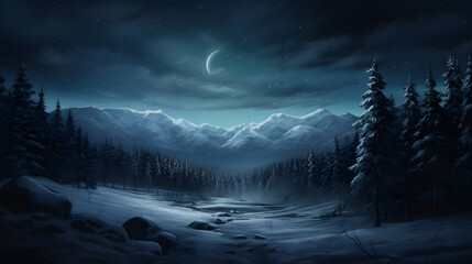 Winter landscape - Moonlit Mountains, Snowy Pines, and a Frosty Wonderland

