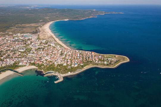 Aerial Drone view of Primorsko Town, on the Black Sea Coast, Burgas Province, Bulgaria.
