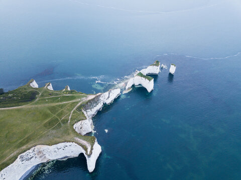 Aerial view of Old Harry Rocks, Jurassic Coast, Dorset, United Kingdom.