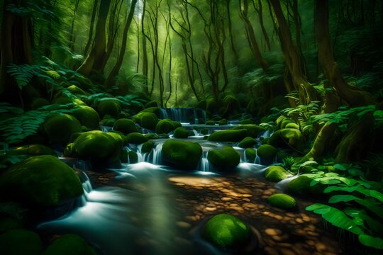 A tranquil forest scene with vibrant, lush greenery and a gentle stream flowing through the landscape. --