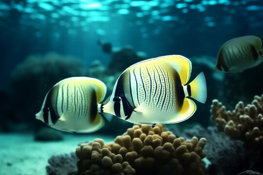 Tropische Fische und Korallen im sonnigen Meer - KI generiert