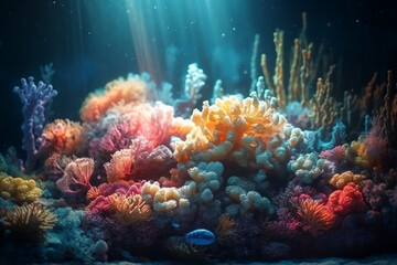 Tropische Fische und Korallen im sonnigen Meer - KI generiert - obrazy, fototapety, plakaty