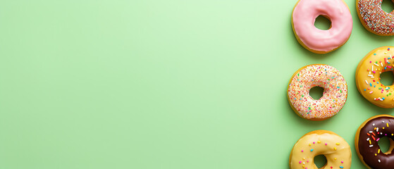 minimalistic light green background with donuts, top view with empty copy space