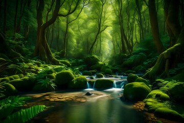 A tranquil forest scene with vibrant, lush greenery and a gentle stream flowing through the landscape. -- - obrazy, fototapety, plakaty
