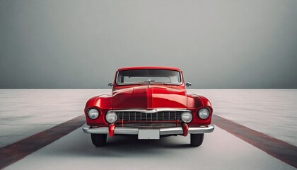 red classic car facing the camera, minimalist, deadpan, banal, cool, clinical, urban, iconic, conceptual, subversive, sparse, restrained, symbol - obrazy, fototapety, plakaty