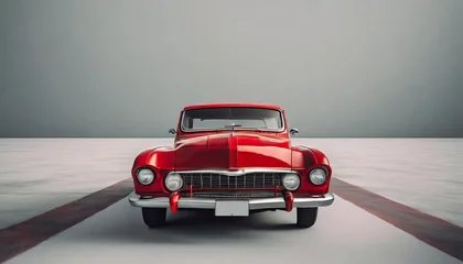 Dekokissen red classic car facing the camera, minimalist, deadpan, banal, cool, clinical, urban, iconic, conceptual, subversive, sparse, restrained, symbol © Monmeo