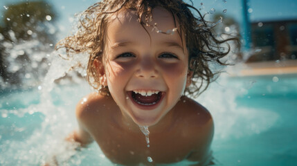Fototapeta na wymiar Young boy kid child eight years old splashing in swimming pool having fun leisure activity
