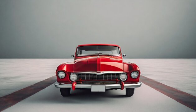 red classic car facing the camera, minimalist, deadpan, banal, cool, clinical, urban, iconic, conceptual, subversive, sparse, restrained, symbol
