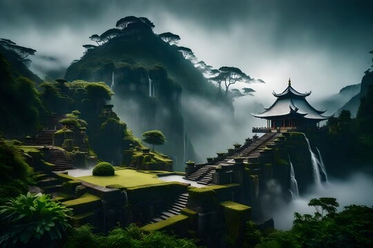A serene, mountaintop temple surrounded by mist and clouds, with cascading waterfalls and terraced g