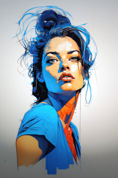 dessin au feutre aquarelle d'une jeune femme souriante, dominante orange et bleu