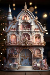 Christmas and New Year's toy house on a wooden background. 3d render