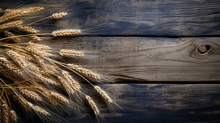 Ears of wheat on wooden background. Top view. Copy space