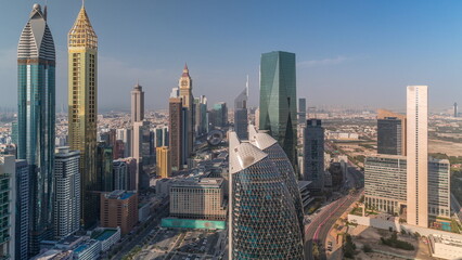 Skyline view of the high-rise buildings on Sheikh Zayed Road in Dubai aerial timelapse, UAE.