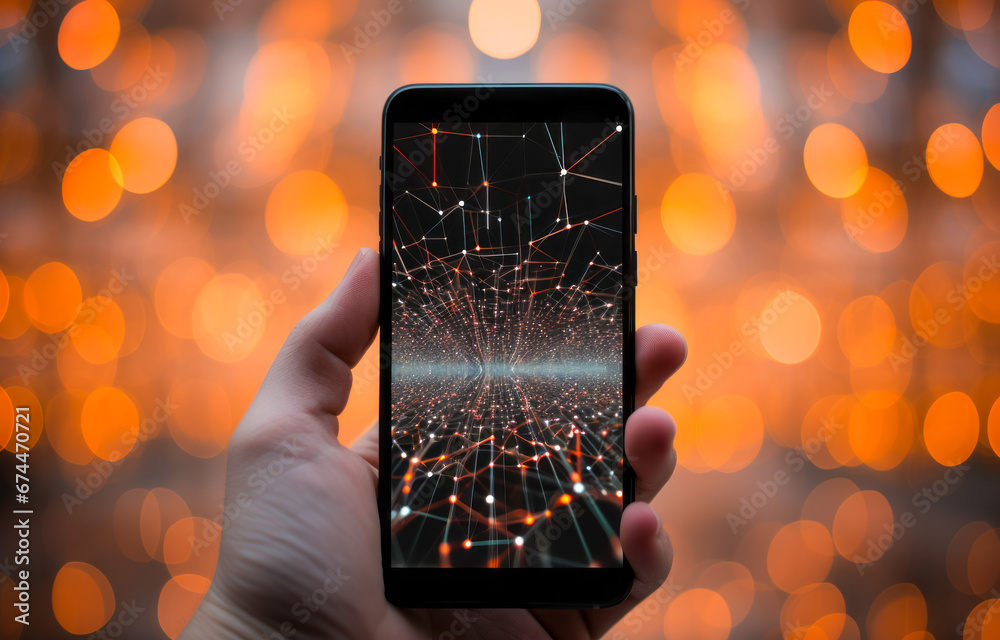 Wall mural hand holding smartphone with abstract network connection over bokeh background