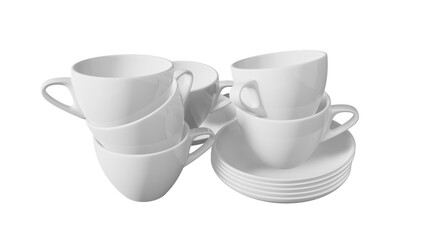 Stack of white cups and saucers on isolated background, alpha, transparent, png