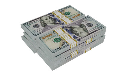 Stack of hundred dollar bills lying on top of each other on isolated background, alpha png