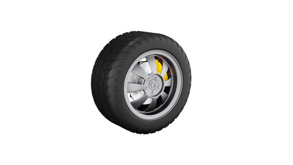 Obraz premium Wheel with yellow brake pad and tire on isolated background, alpha png