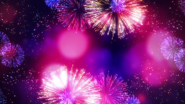 Fireworks celebration party Happy new year with bokeh lights glittering gold particles background. Abstract shining colourful event holiday festive concept.