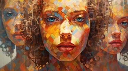 Contemporary mosaic art portrait of a woman, blending geometric cubism with vibrant, expressive brushstrokes.