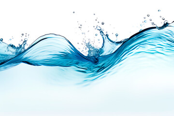 Blue wave of water with bubbles on white background.