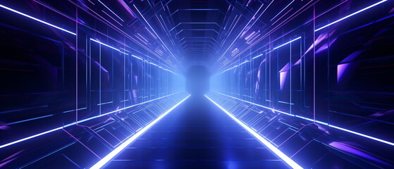 Neon corridor with lines glowing in ultraviolet light and purple neon scene . Neon geometric background with shapes with copy space for poster, website, brochure, banner, app. Generative ai - obrazy, fototapety, plakaty