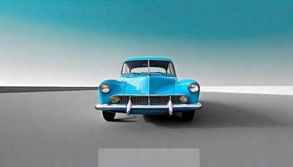 light blue classic car facing the camera, minimalist, deadpan, banal, cool, clinical, urban, iconic, conceptual, subversive, sparse, restrained, symbol