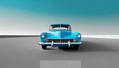 Rolgordijnen light blue classic car facing the camera, minimalist, deadpan, banal, cool, clinical, urban, iconic, conceptual, subversive, sparse, restrained, symbol © Monmeo