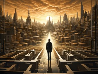 Abstract illustration. Solitary man stands before a futuristic cityscape bathed in the light of a setting sun. - obrazy, fototapety, plakaty