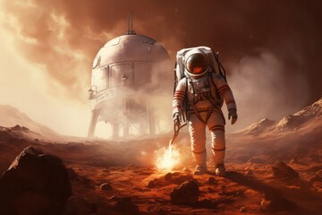 Artistic conceptualization of humanity's inaugural landing on Mars - obrazy, fototapety, plakaty