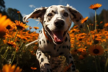 Dalmatian dog running through field of flowers.