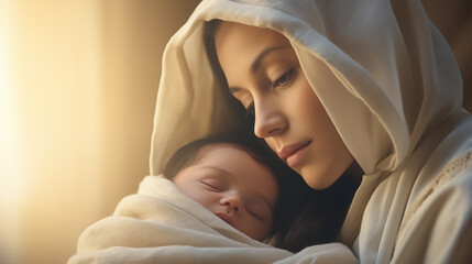 Portrait of Mary with baby Jesus in her arms. Nativity of Jesus. Christmas concept. - obrazy, fototapety, plakaty