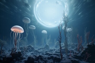 Obraz na płótnie Canvas Alien marine life teems in the submerged realms of a moon akin to Europa or Enceladus
