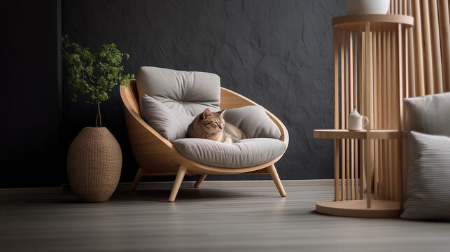 un chat dort sur un fauteuil design dans un intérieur contemporain