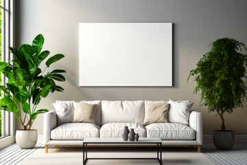 Living room with white couch and large image on the wall.