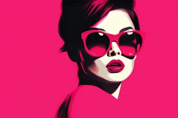 Minimalist pop art portrait of a woman styled in full pink with fashionable glasses and hair, evoking a unique, chic vibe.
