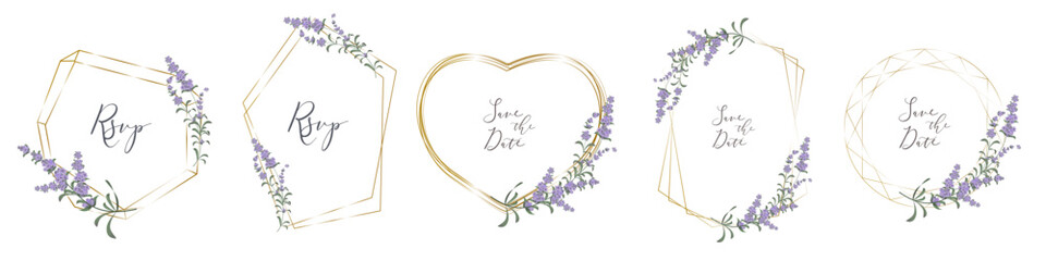 Floral Collection. A set of frames for wedding design. Lavender, gold frames. . Vector illustration