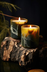 two burning candles in textured jars on a wooden slab