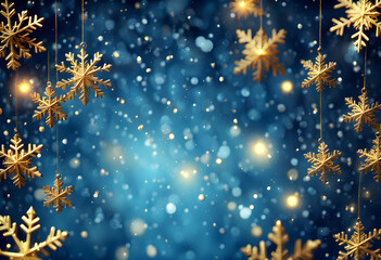 Blue sparkling Christmas and winter background with golden snowflakes,