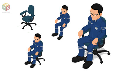 Isometric of isolated worker are sitting on the office chair