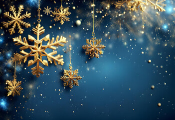 Blue sparkling Christmas and winter background with golden snowflakes,