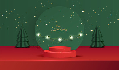 Christmas green and red background with podium, 3d geometric trees and realistic lamps. Holiday x-mas showroom scene for display present sale product vector.