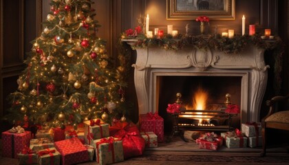 fireplace with christmas decorations