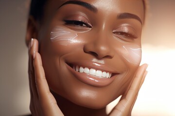 Close-up of young African American woman touching her face to apply moisturizer. Smiling face of beautiful black girl with daily cream, facial cosmetics. Skin care. Blurred background, copy space.