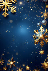 Fototapeta na wymiar Blue sparkling Christmas and winter background with golden snowflakes,