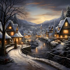 Winter night in the village. Beautiful winter landscape in the mountains.